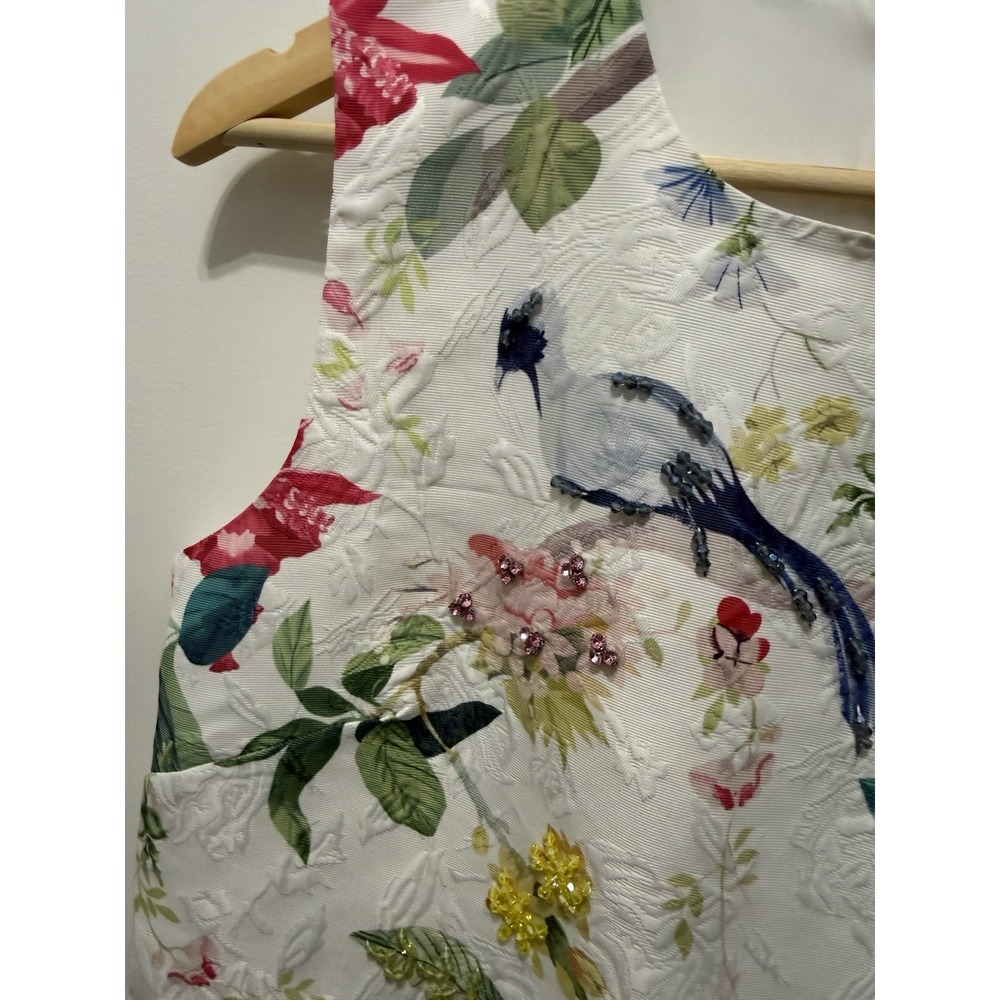 Fashion Classics White Floral Bird Jacquard Beaded Sleeveless Shift Dress Large - Picture 4 of 9